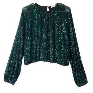 THML Emerald Green Sequin Top XL Keyhole Round Neck Long Sleeve Shimmer Blouse
